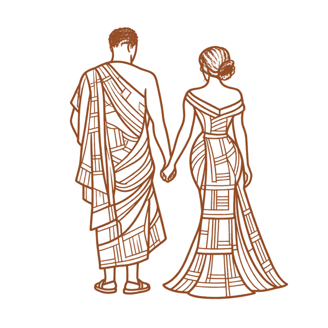 Outline illustration of a Ghanaian couple in traditional wedding attire